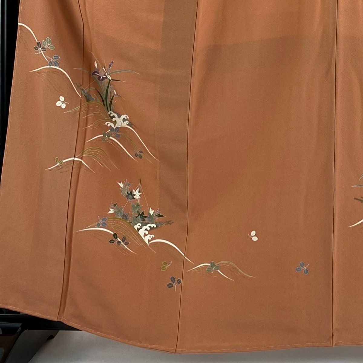 【庫存清倉】 付下 身長159.5cm 袖長64.5cm M 雙層 落款 草花紋紋 波頭 金銀彩 橙色 純蠶絲 優品級 一個紋