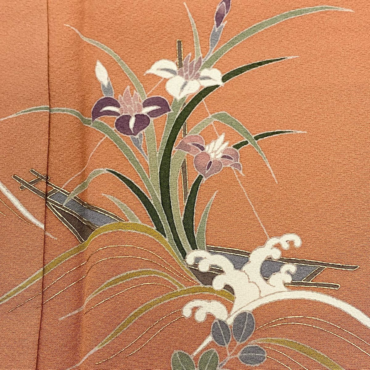 【庫存清倉】 付下 身長159.5cm 袖長64.5cm M 雙層 落款 草花紋紋 波頭 金銀彩 橙色 純蠶絲 優品級 一個紋