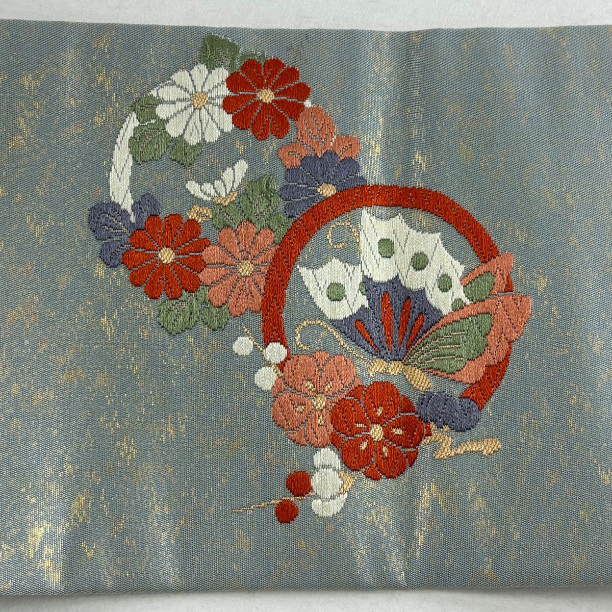 【庫存清倉】 名古屋帶 優品級 草花紋紋 蝴蝶 金絲 唐織 灰色 純蠶絲