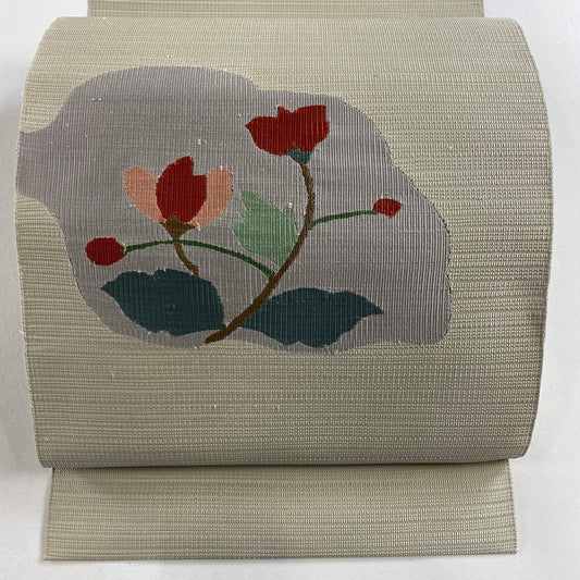 【庫存清倉】 名古屋帶 美品 優品級 松樹葉仕立 八寸名古屋帶 草花紋 淺米色 純蠶絲