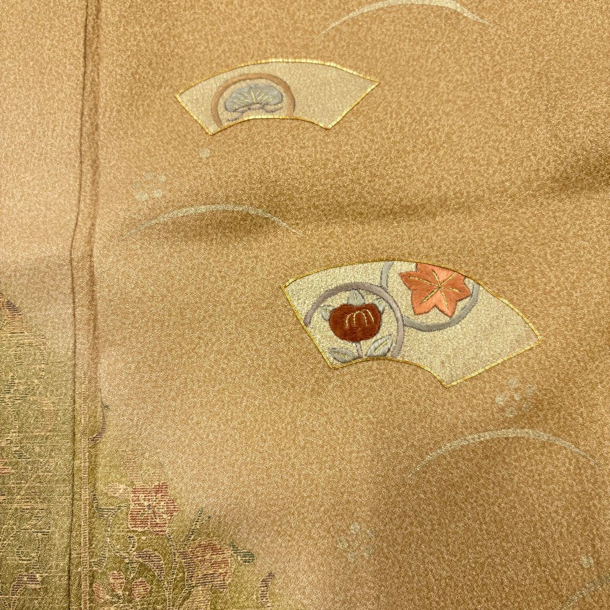 【庫存清倉】 付下 身長156.5cm 袖長65.5cm M 雙層 大和 扇子面 草花紋 金彩裝飾 刺繡 茶 純蠶絲 美品 秀品級