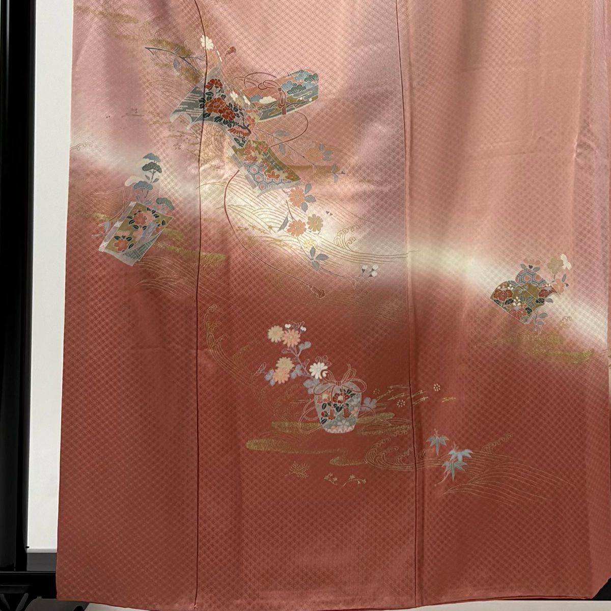 【庫存清倉】 付下 身長161cm 袖長67cm M 雙層 鈴乃屋 冊子 御仕覆 金銀彩 漸層 粉紅 純蠶絲 優品級