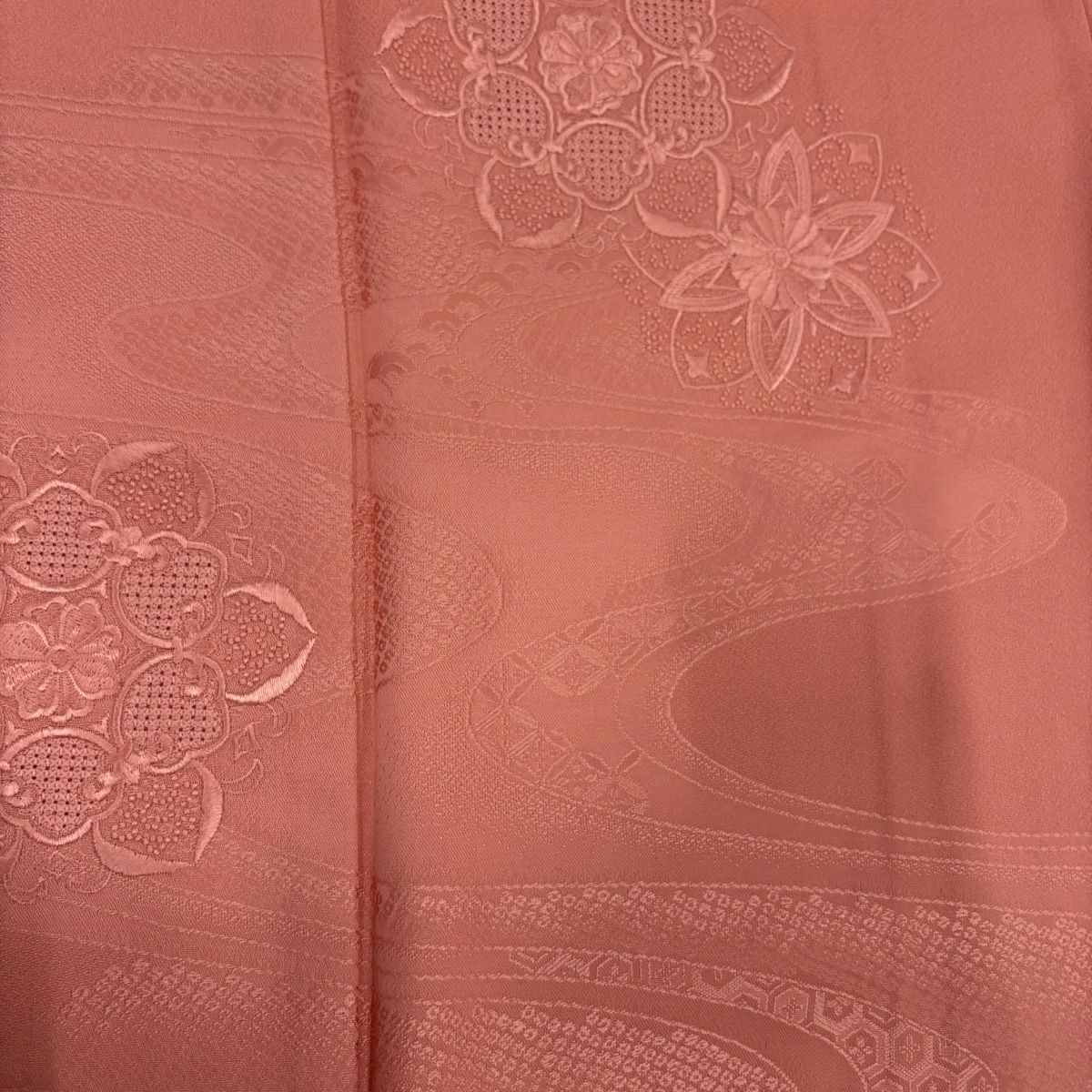 【庫存清倉】 付下 身長162.5cm 袖長62.5cm S 雙層 華紋 流水刺繡 粉紅 純蠶絲 優品級