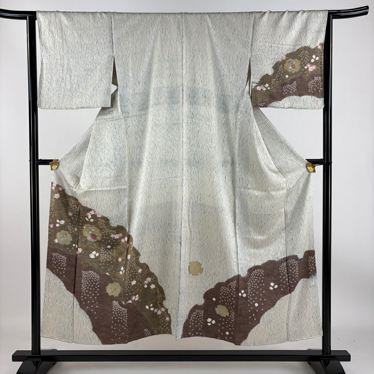 【庫存清倉】 付下 身長151.5cm 袖長65cm M 雙層 草花紋紋 流水 金彩裝飾 絞染 奶油色 純蠶絲 優品級