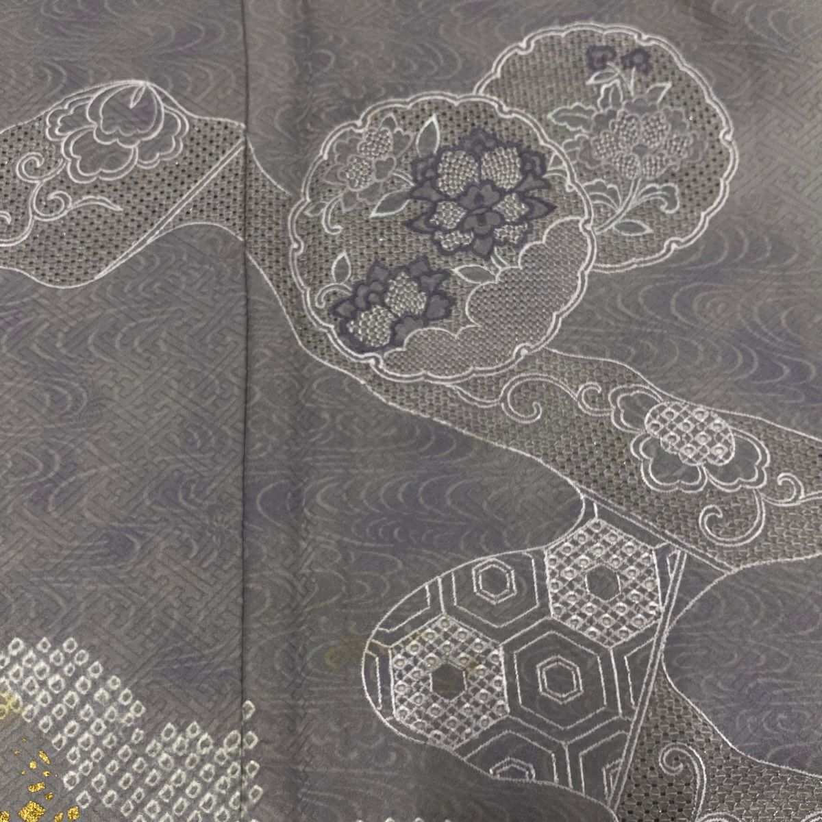 【庫存清倉】訪問服 身長151.5cm 袖長63cm S 雙層 雪輪 龜甲紋 刺繡 絞染 灰紫 純蠶絲 優品級