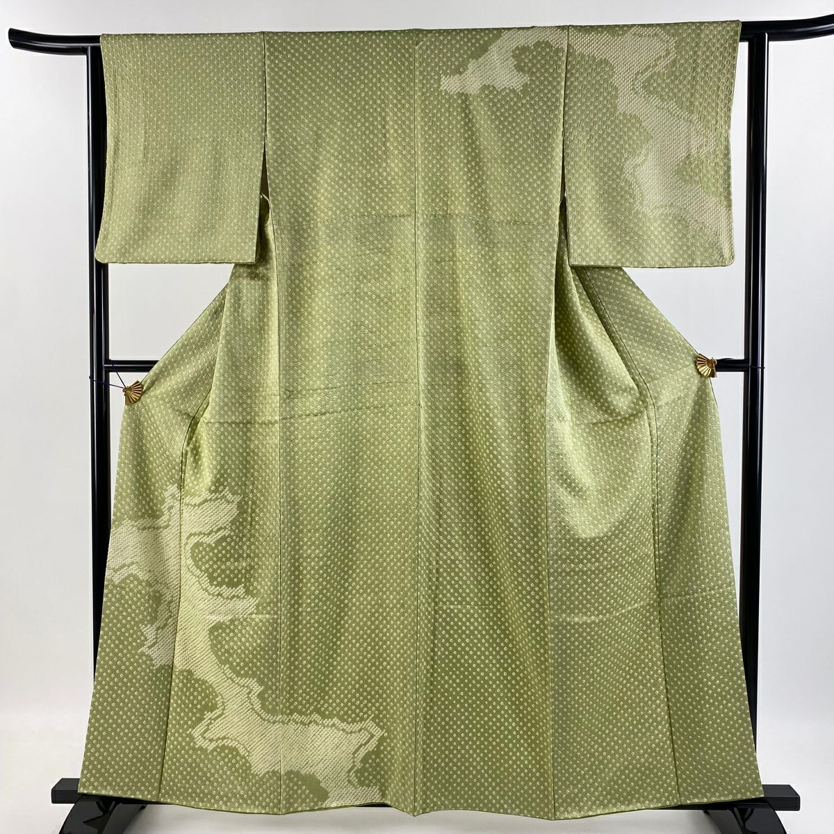 【庫存清倉】 付下 身長160cm 袖長62cm S 雙層 幾何圖案 紋理 絞染 抹茶 純蠶絲 優品級