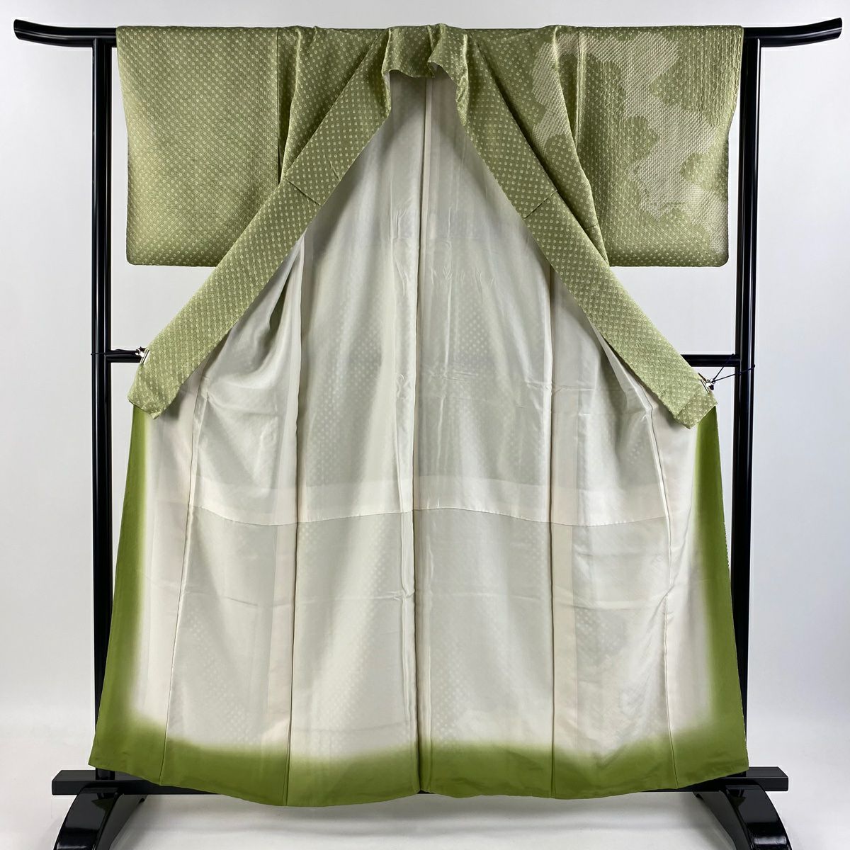 【庫存清倉】 付下 身長160cm 袖長62cm S 雙層 幾何圖案 紋理 絞染 抹茶 純蠶絲 優品級