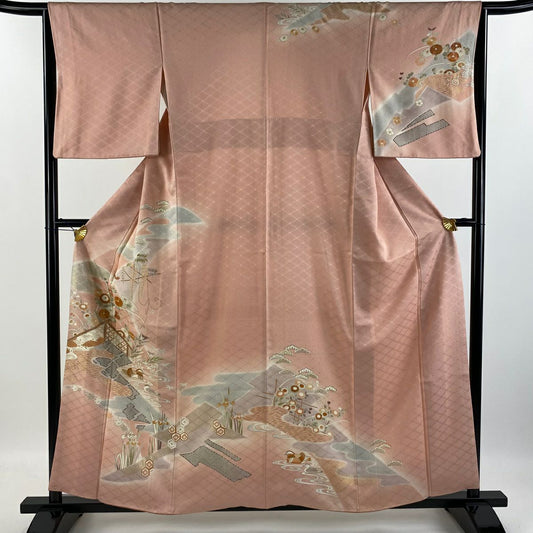 訪問服 身長157.5cm 袖長65cm M 雙層 千總 菊花 鴛鴦 金絲 金銀彩 粉紅 純蠶絲 逸品級
