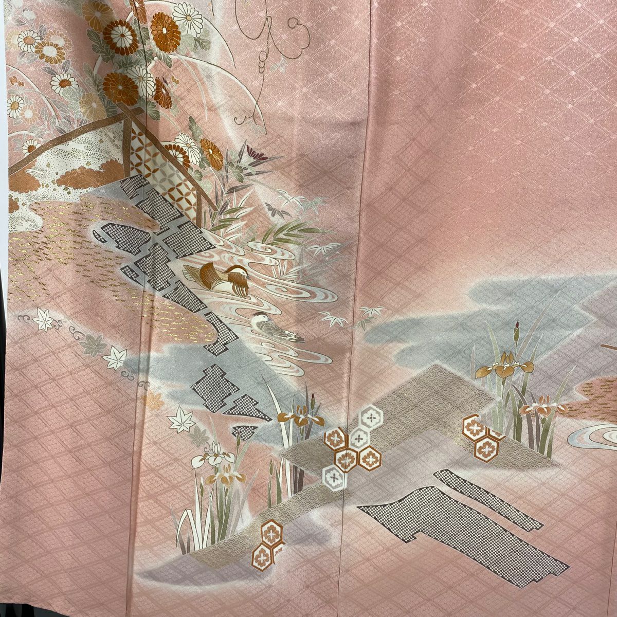 訪問服 身長157.5cm 袖長65cm M 雙層 千總 菊花 鴛鴦 金絲 金銀彩 粉紅 純蠶絲 逸品級