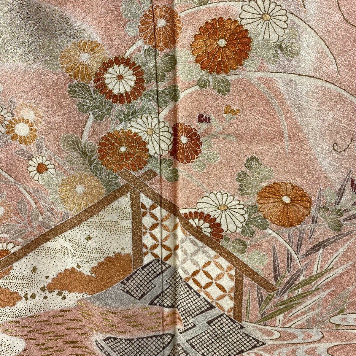 訪問服 身長157.5cm 袖長65cm M 雙層 千總 菊花 鴛鴦 金絲 金銀彩 粉紅 純蠶絲 逸品級