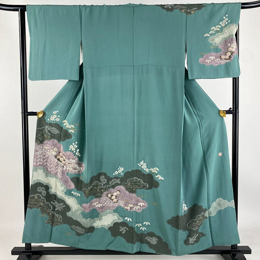 【庫存清倉】訪問服 身長155cm 袖長65.5cm M 雙層 滝泰 有落款 雲紋 梅花花 絞染 金彩裝飾 灰綠 純蠶絲 名品級