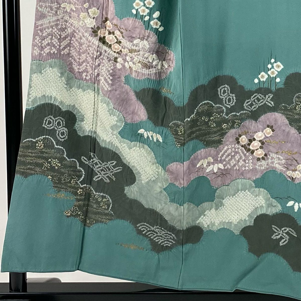 【庫存清倉】訪問服 身長155cm 袖長65.5cm M 雙層 滝泰 有落款 雲紋 梅花花 絞染 金彩裝飾 灰綠 純蠶絲 名品級