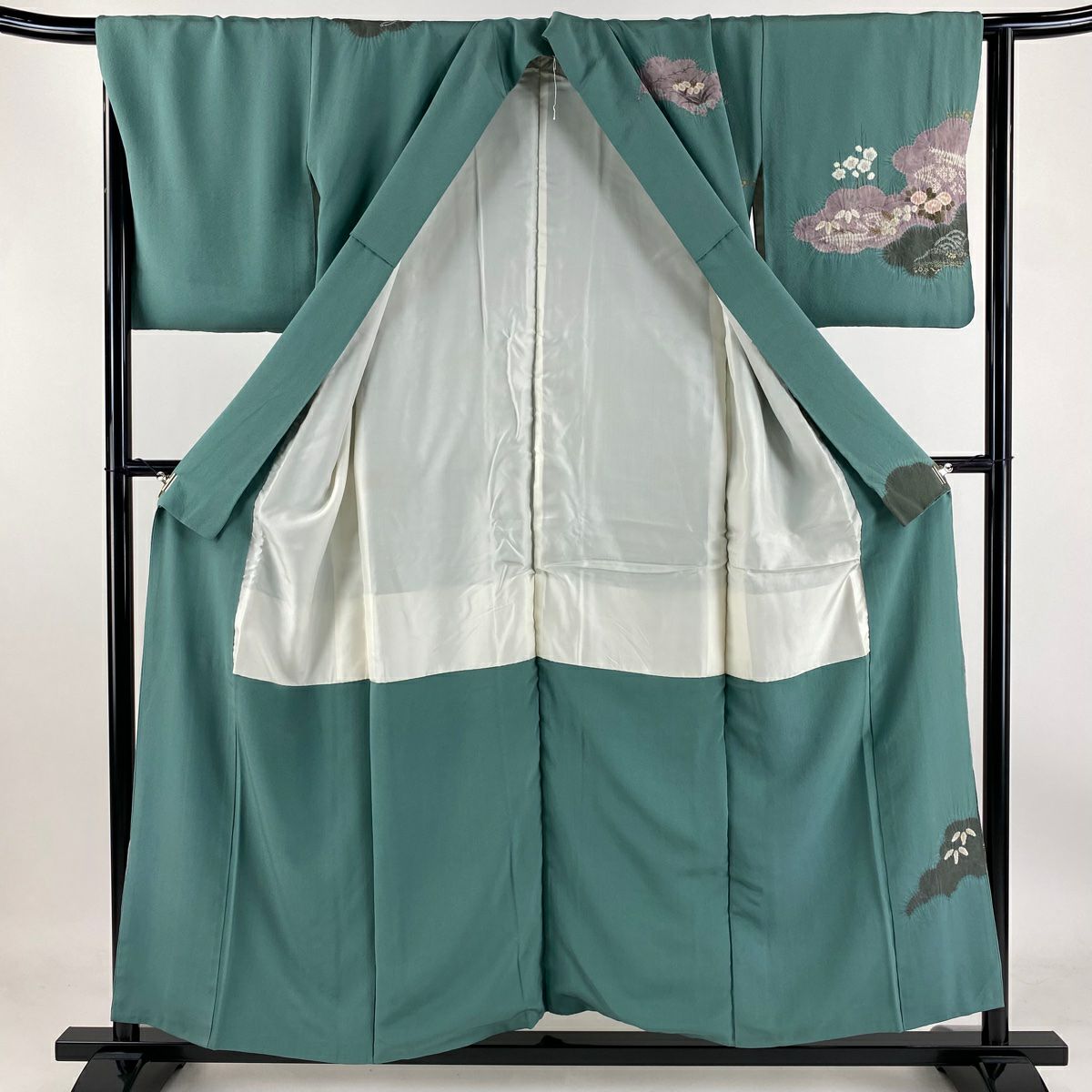 【庫存清倉】訪問服 身長155cm 袖長65.5cm M 雙層 滝泰 有落款 雲紋 梅花花 絞染 金彩裝飾 灰綠 純蠶絲 名品級