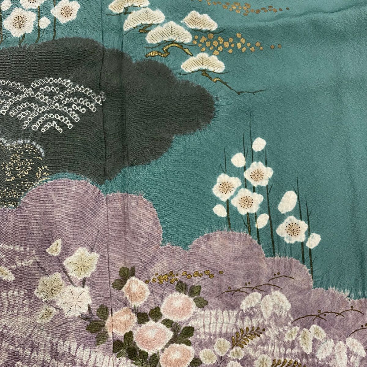 【庫存清倉】訪問服 身長155cm 袖長65.5cm M 雙層 滝泰 有落款 雲紋 梅花花 絞染 金彩裝飾 灰綠 純蠶絲 名品級