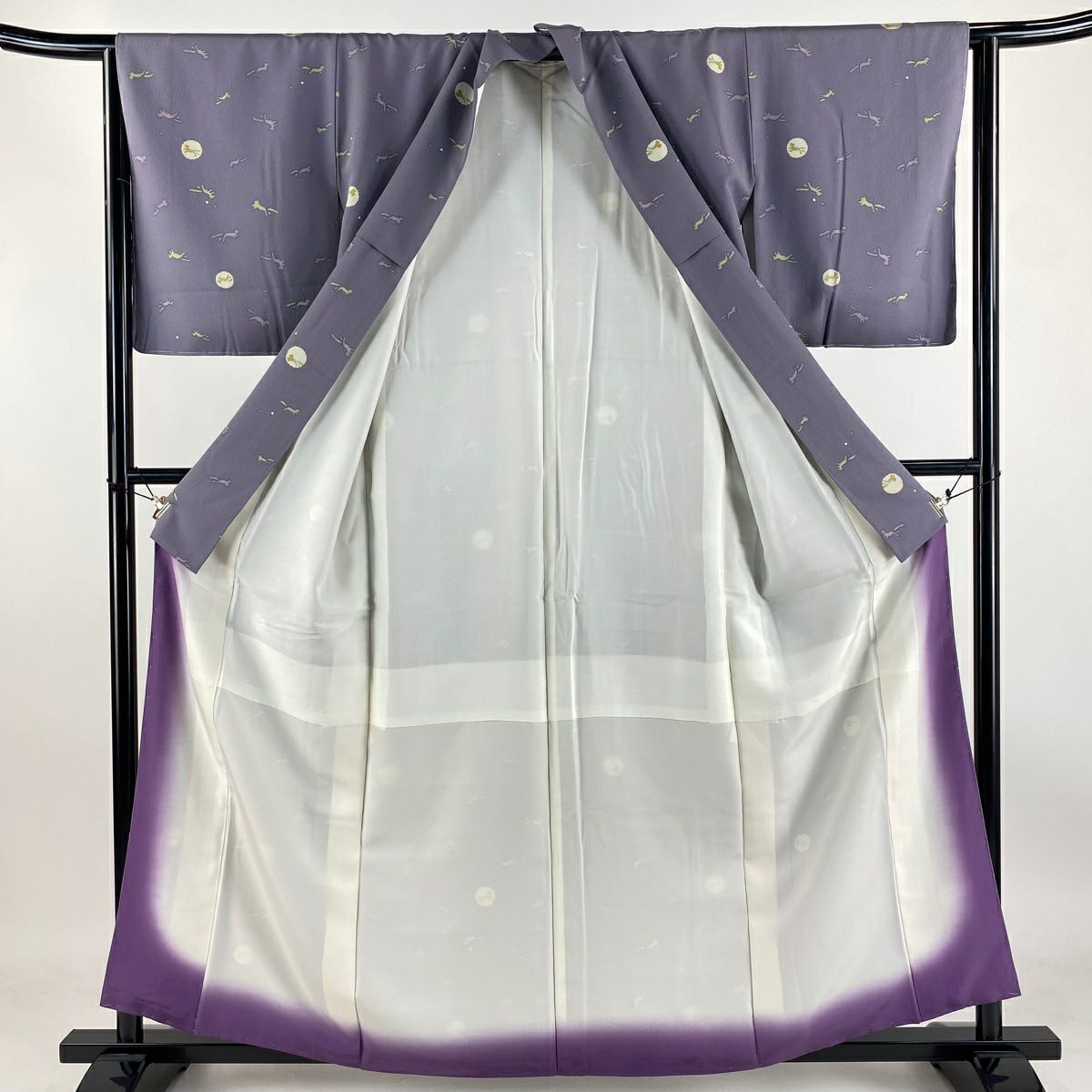 【庫存清倉】 小紋 身長159.5cm 袖長63cm S 雙層 狐 縮緬 灰紫 純蠶絲 名品級