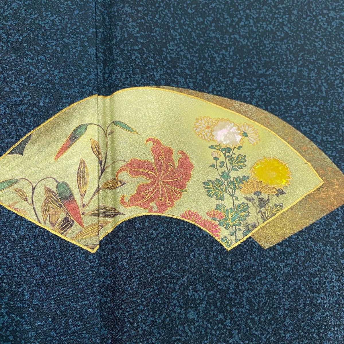 【庫存清倉】 付下 身長167cm 袖長67.5cm L 雙層 扇子面 百合 螺鈿 金銀彩 青綠 純蠶絲 名品級