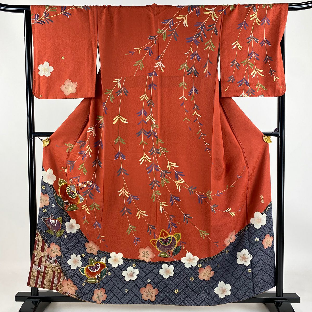 【庫存清倉】訪問服 身長157.5cm 袖長66cm M 雙層 山本寛斎 落款あり 橘 櫻花 金糸 金銀彩 茜 純蠶絲 名品級