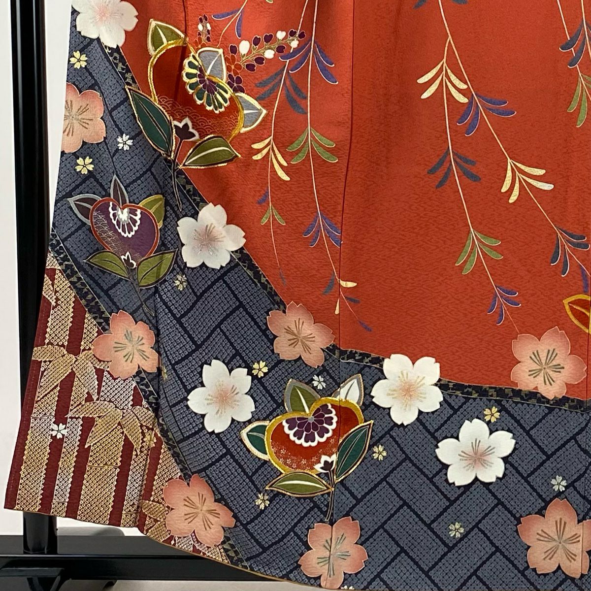 【庫存清倉】訪問服 身長157.5cm 袖長66cm M 雙層 山本寛斎 落款あり 橘 櫻花 金糸 金銀彩 茜 純蠶絲 名品級
