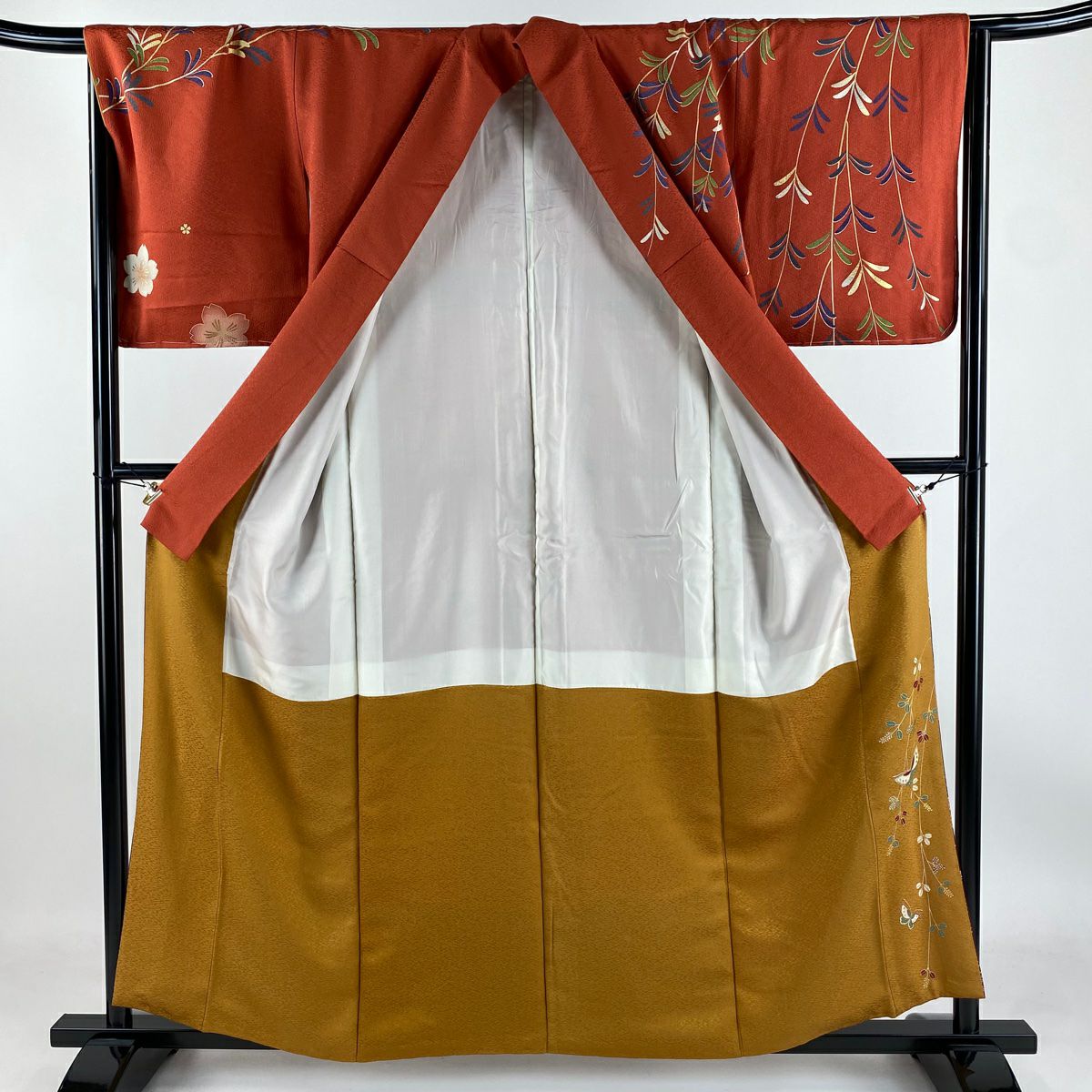 【庫存清倉】訪問服 身長157.5cm 袖長66cm M 雙層 山本寛斎 落款あり 橘 櫻花 金糸 金銀彩 茜 純蠶絲 名品級
