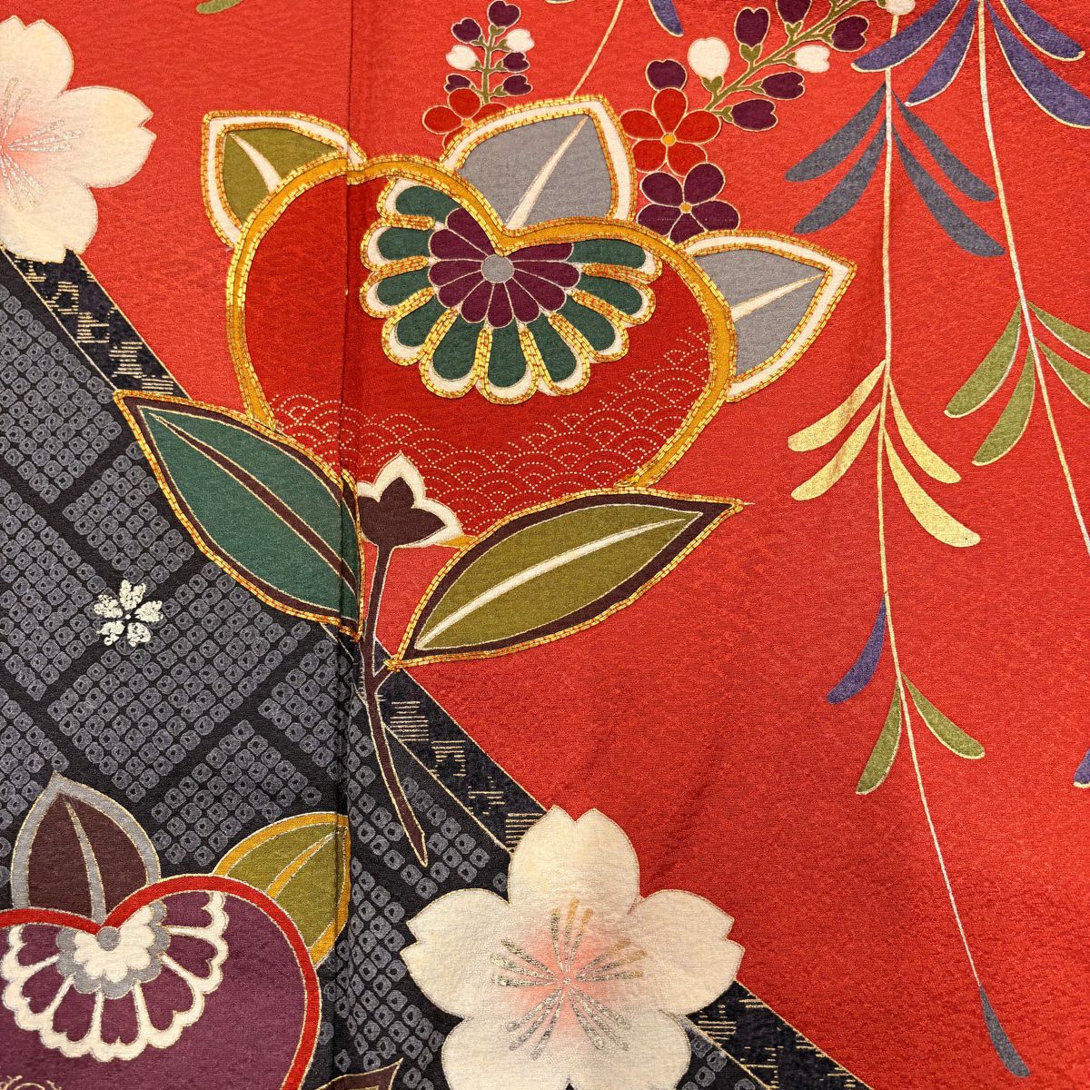 【庫存清倉】訪問服 身長157.5cm 袖長66cm M 雙層 山本寛斎 落款あり 橘 櫻花 金糸 金銀彩 茜 純蠶絲 名品級