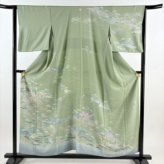 【庫存清倉】訪問服 身長156.5cm 袖長63.5cm S 雙層 落款有 松樹 建物 灰綠 純蠶絲 名品級 一つ紋