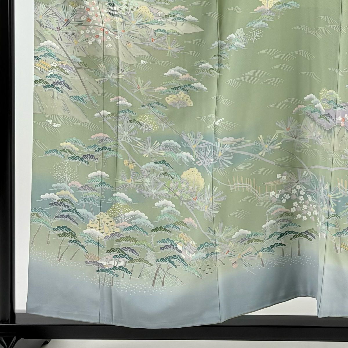 【庫存清倉】訪問服 身長156.5cm 袖長63.5cm S 雙層 落款有 松樹 建物 灰綠 純蠶絲 名品級 一つ紋