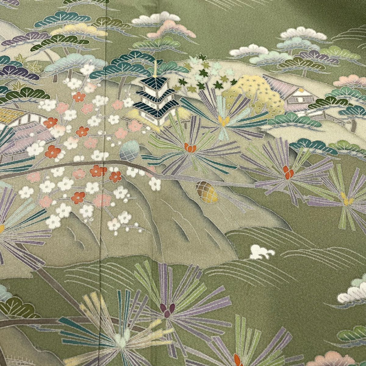 【庫存清倉】訪問服 身長156.5cm 袖長63.5cm S 雙層 落款有 松樹 建物 灰綠 純蠶絲 名品級 一つ紋