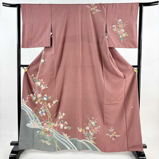 【清倉特賣】訪問服 身長164cm 袖長63cm S 雙層 附款式 樹枝花 流水 小豆色 純蠶絲 美品 名品級