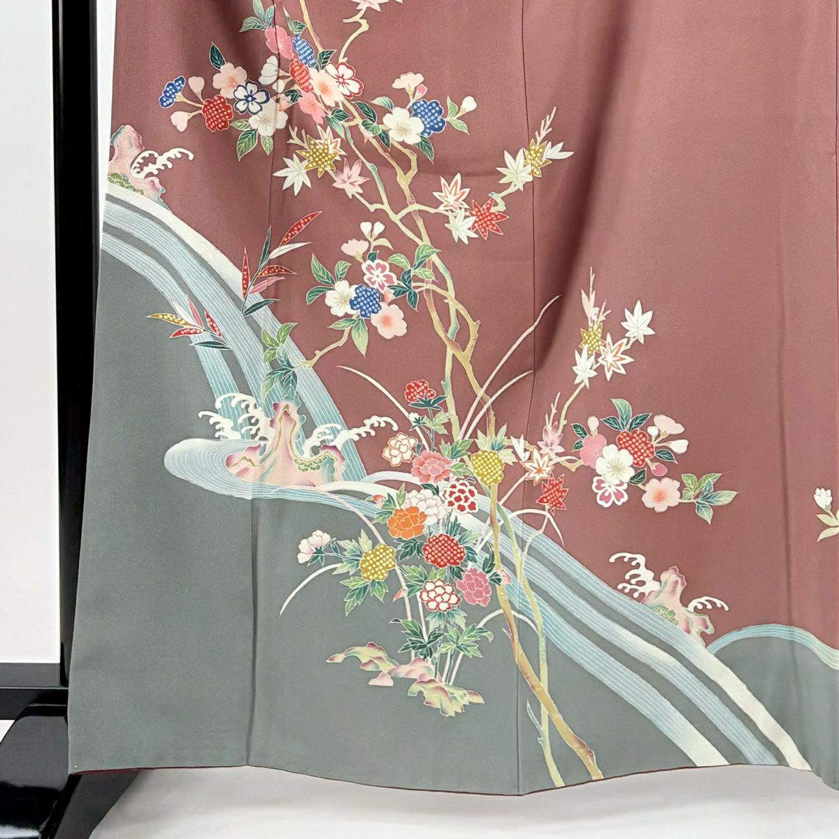 【清倉特賣】訪問服 身長164cm 袖長63cm S 雙層 附款式 樹枝花 流水 小豆色 純蠶絲 美品 名品級