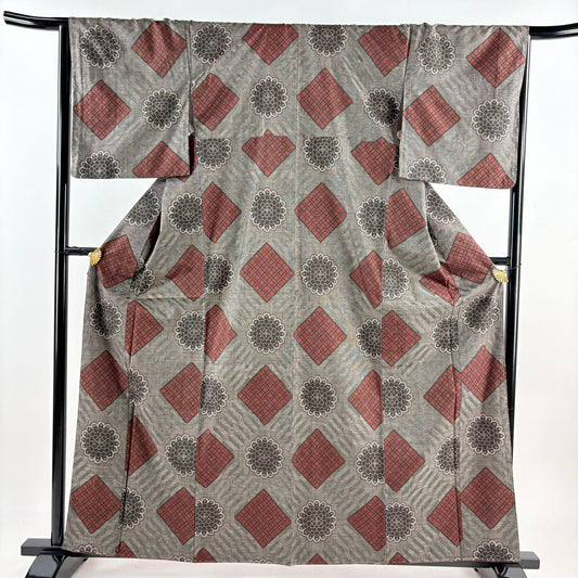 【庫存清倉】 紬織 身長162cm 袖長66cm M 雙層 菱形 華紋 焦茶 純蠶絲 美品 名品級