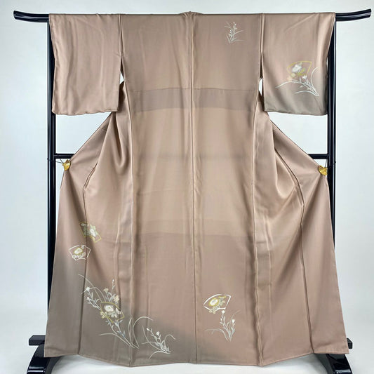 【庫存清倉】 付下 身長166cm 袖長66cm M 雙層 扇子面 萬壽菊花 金銀彩 染分 薄小豆 純蠶絲 優品級
