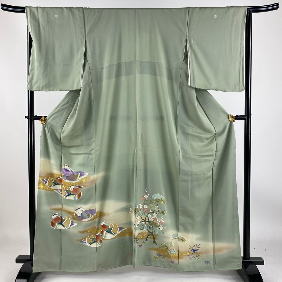 【庫存清倉】 留袖禮服禮服 身長162cm 袖長65.5cm M 雙層 鴛鴦 霞 金絲 金銀彩 灰綠 純蠶絲 優品級 三個紋樣