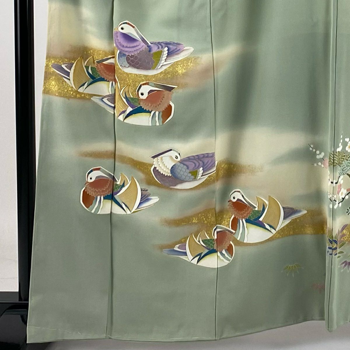 【庫存清倉】 留袖禮服禮服 身長162cm 袖長65.5cm M 雙層 鴛鴦 霞 金絲 金銀彩 灰綠 純蠶絲 優品級 三個紋樣