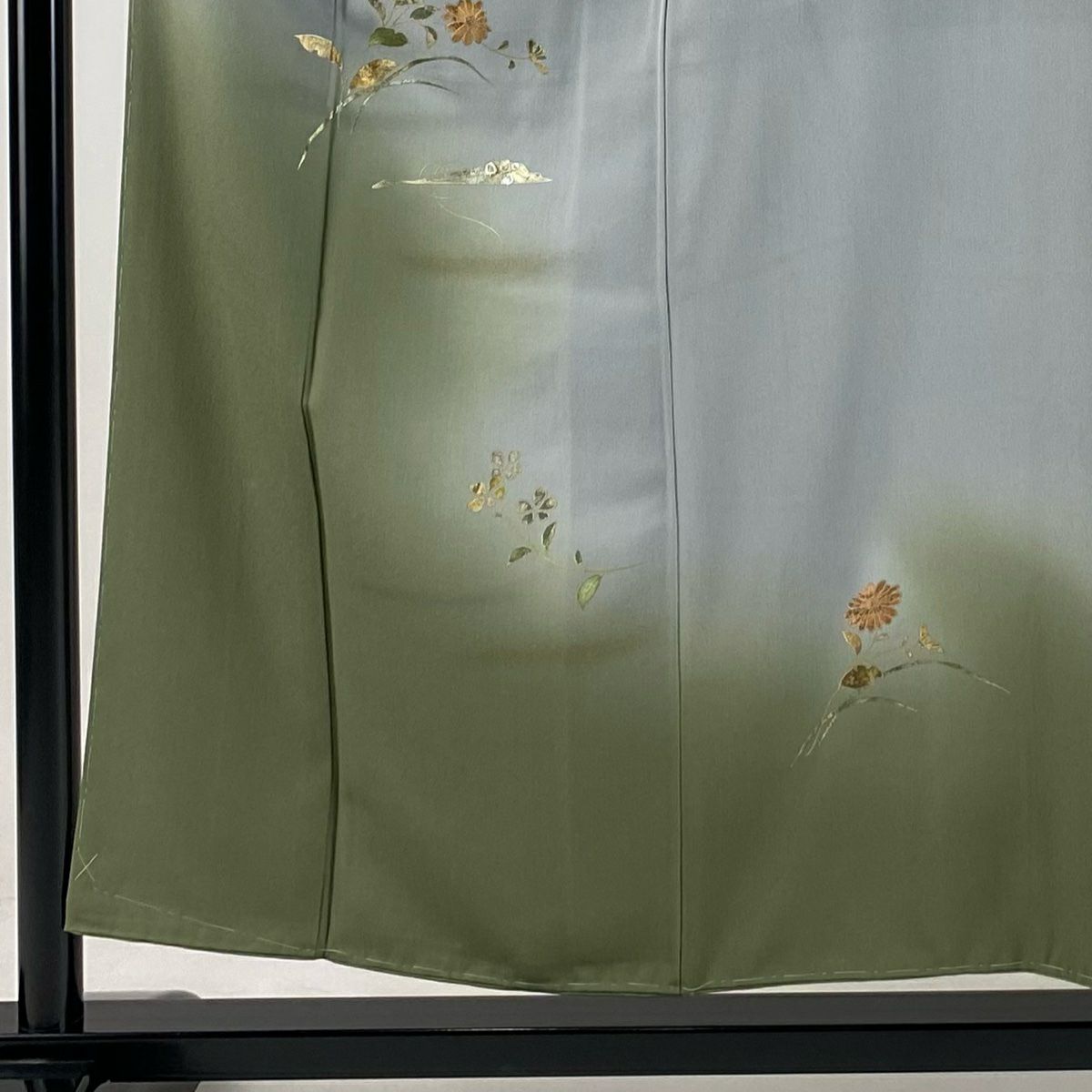 【庫存清倉】 付下 身長156cm 袖長62cm S 雙層 菊花花 扇子子 金銀彩 漸層 灰色 純蠶絲 優品級