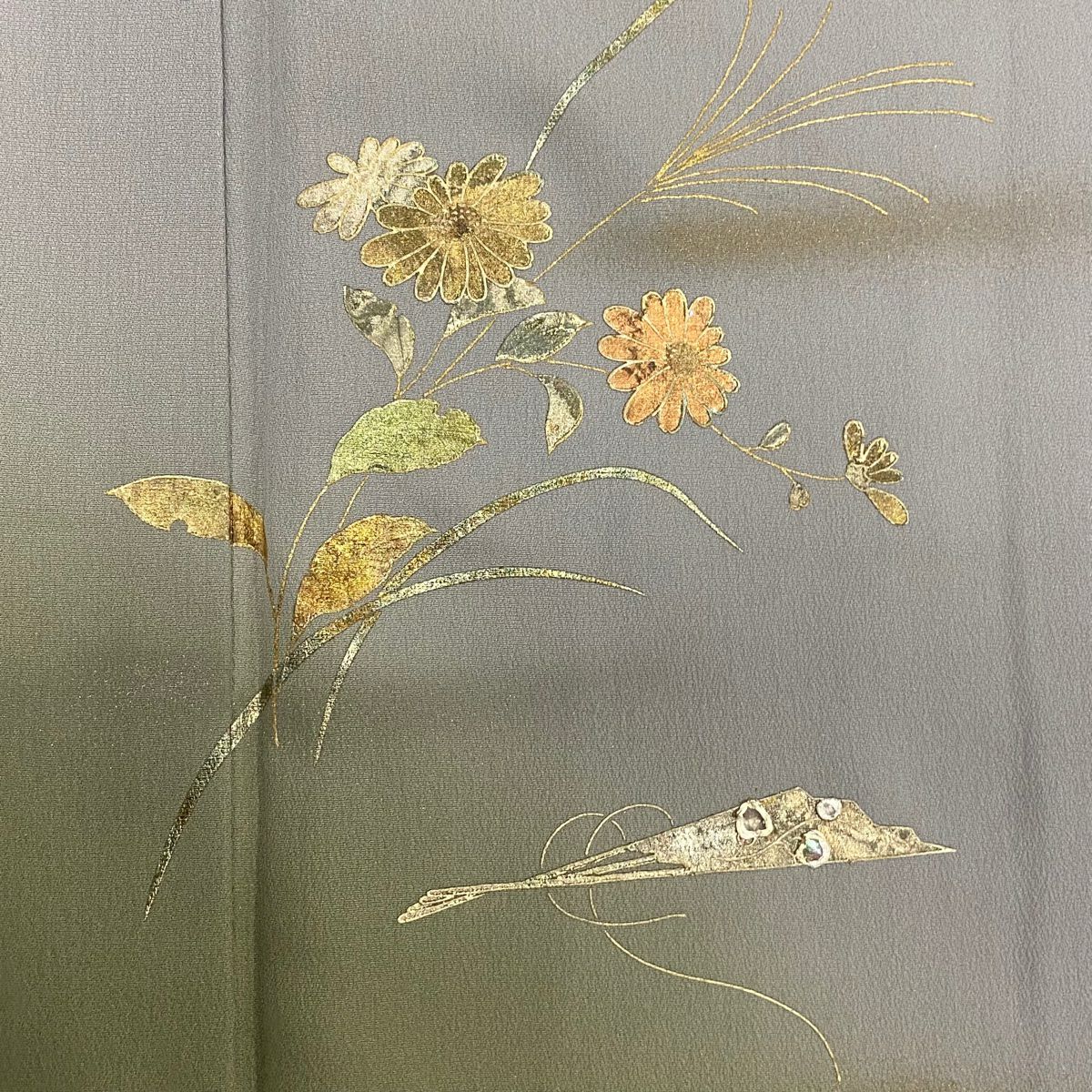【庫存清倉】 付下 身長156cm 袖長62cm S 雙層 菊花花 扇子子 金銀彩 漸層 灰色 純蠶絲 優品級