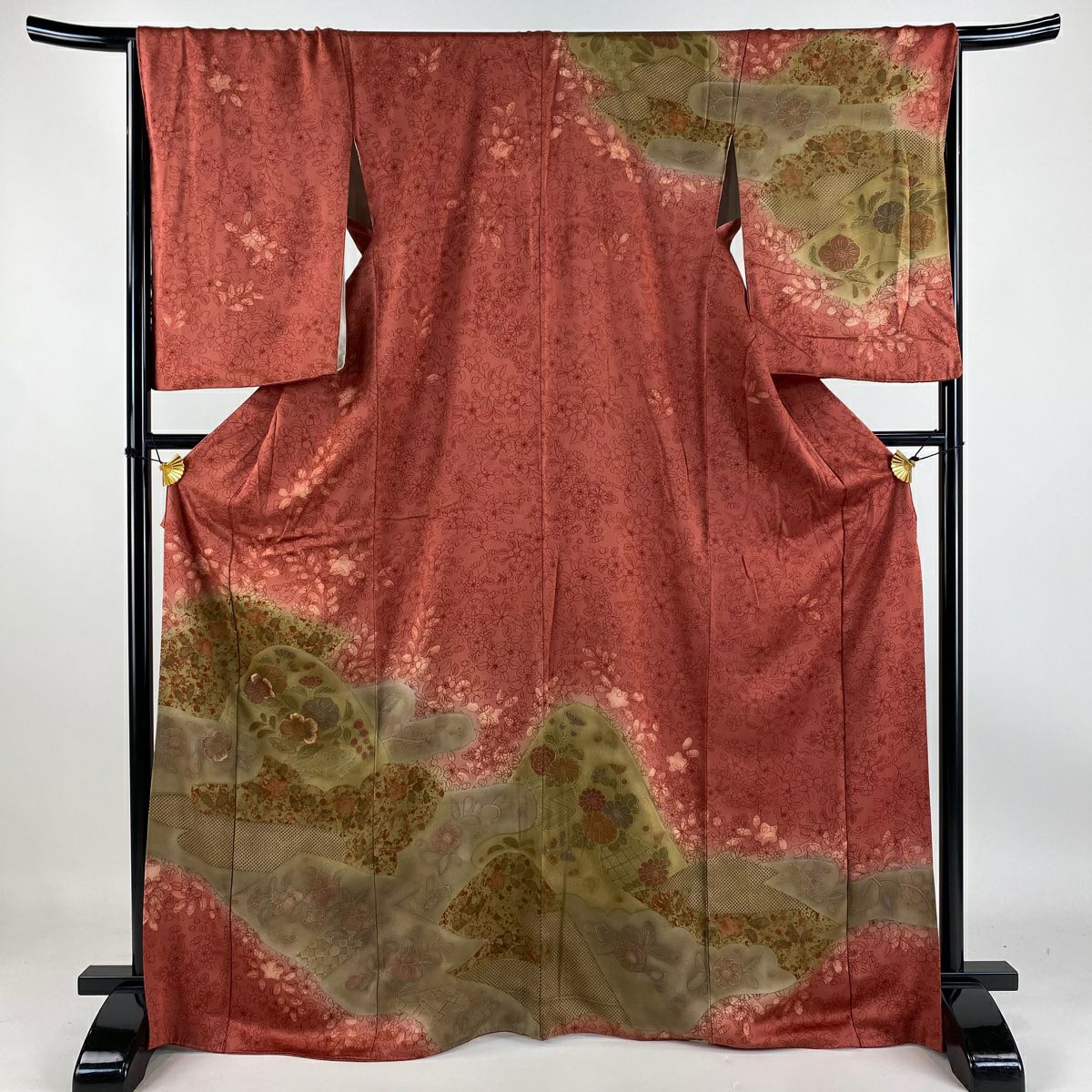 【庫存清倉】訪問服 身長168.5cm 袖長67cm M 雙層 草花紋紋 霞 金銀彩 漸層 茜 純蠶絲 優品級