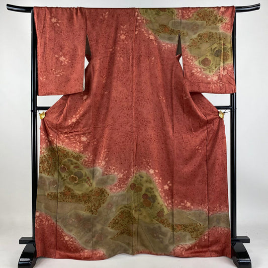 【庫存清倉】訪問服 身長168.5cm 袖長67cm M 雙層 草花紋紋 霞 金銀彩 漸層 茜 純蠶絲 優品級