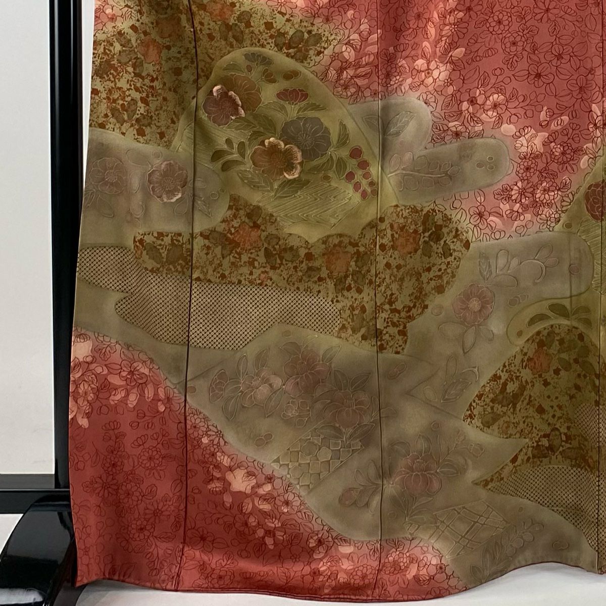 【庫存清倉】訪問服 身長168.5cm 袖長67cm M 雙層 草花紋紋 霞 金銀彩 漸層 茜 純蠶絲 優品級