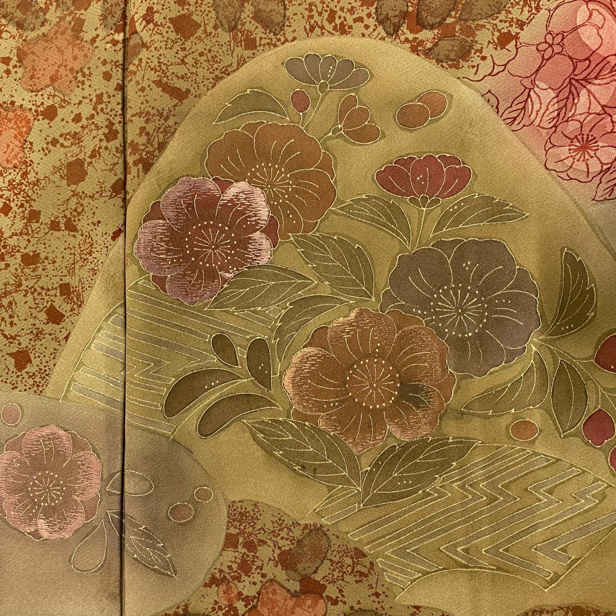 【庫存清倉】訪問服 身長168.5cm 袖長67cm M 雙層 草花紋紋 霞 金銀彩 漸層 茜 純蠶絲 優品級