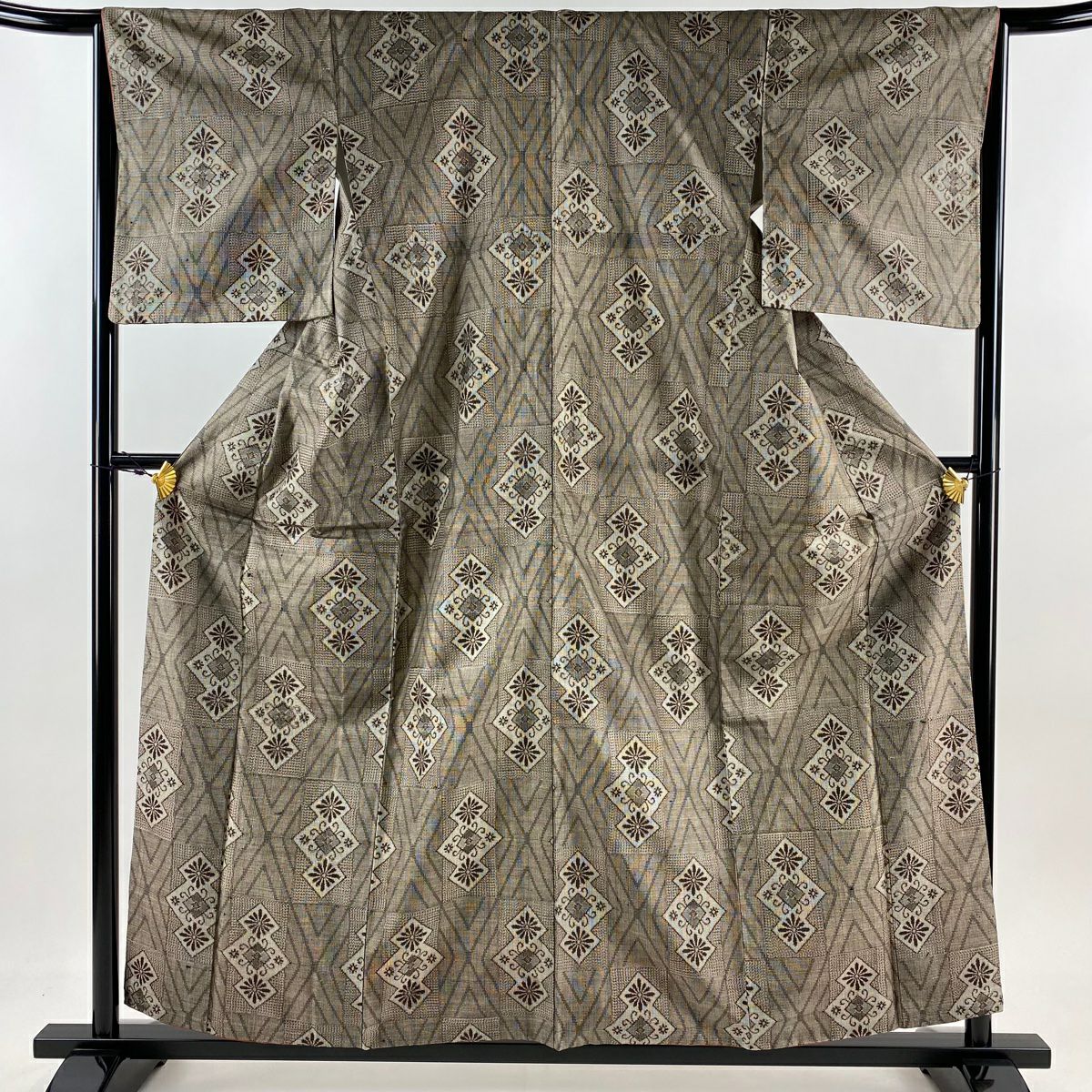 【庫存清倉】 紬織 身長157.5cm 袖長64.5cm M 雙層 花菱 幾何圖案 灰茶 純蠶絲 優品級