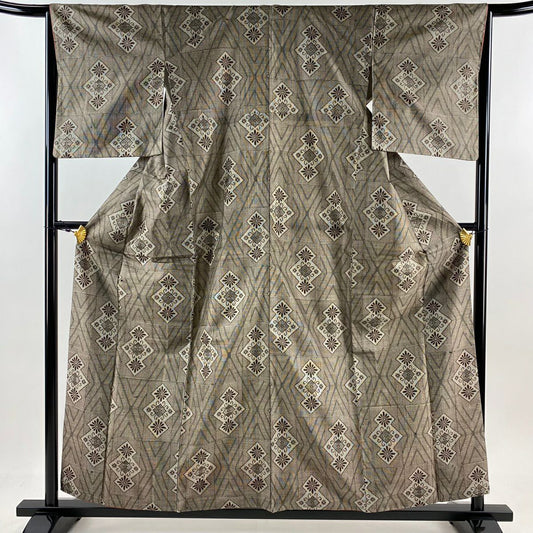 【庫存清倉】 紬織 身長157.5cm 袖長64.5cm M 雙層 花菱 幾何圖案 灰茶 純蠶絲 優品級