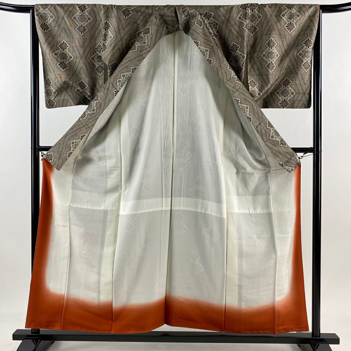 【庫存清倉】 紬織 身長157.5cm 袖長64.5cm M 雙層 花菱 幾何圖案 灰茶 純蠶絲 優品級