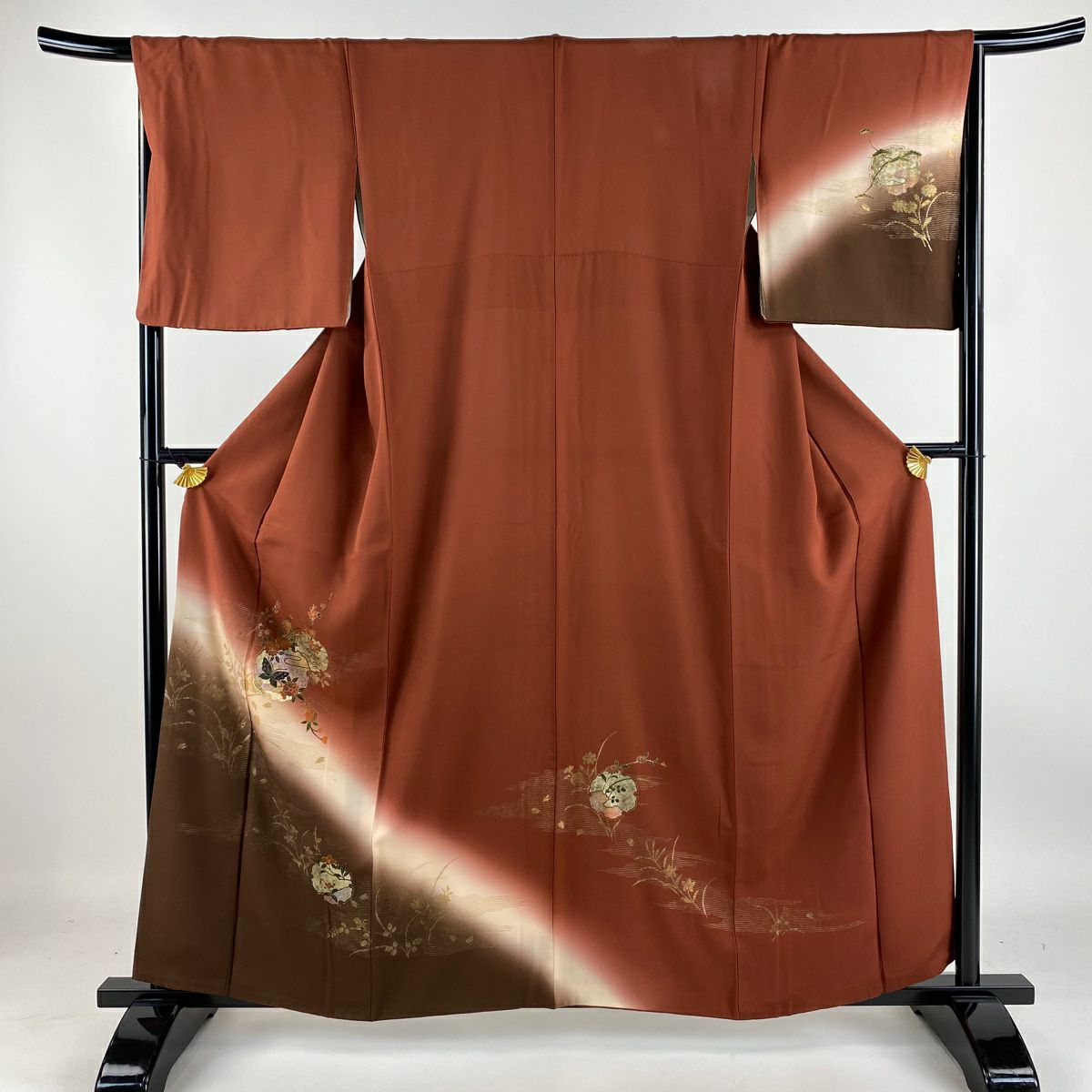 【庫存清倉】 付下 身長158.5cm 袖長67cm M 雙層 雪輪 蝴蝶 金銀彩 染分 紅茶 純蠶絲 優品級