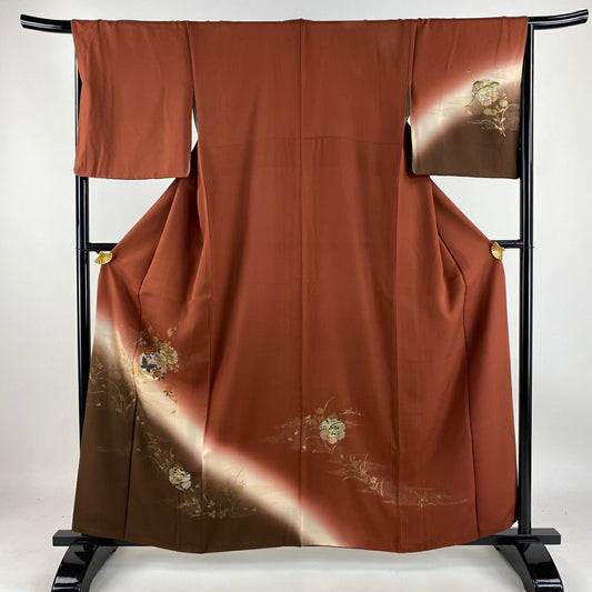 【庫存清倉】 付下 身長158.5cm 袖長67cm M 雙層 雪輪 蝴蝶 金銀彩 染分 紅茶 純蠶絲 優品級