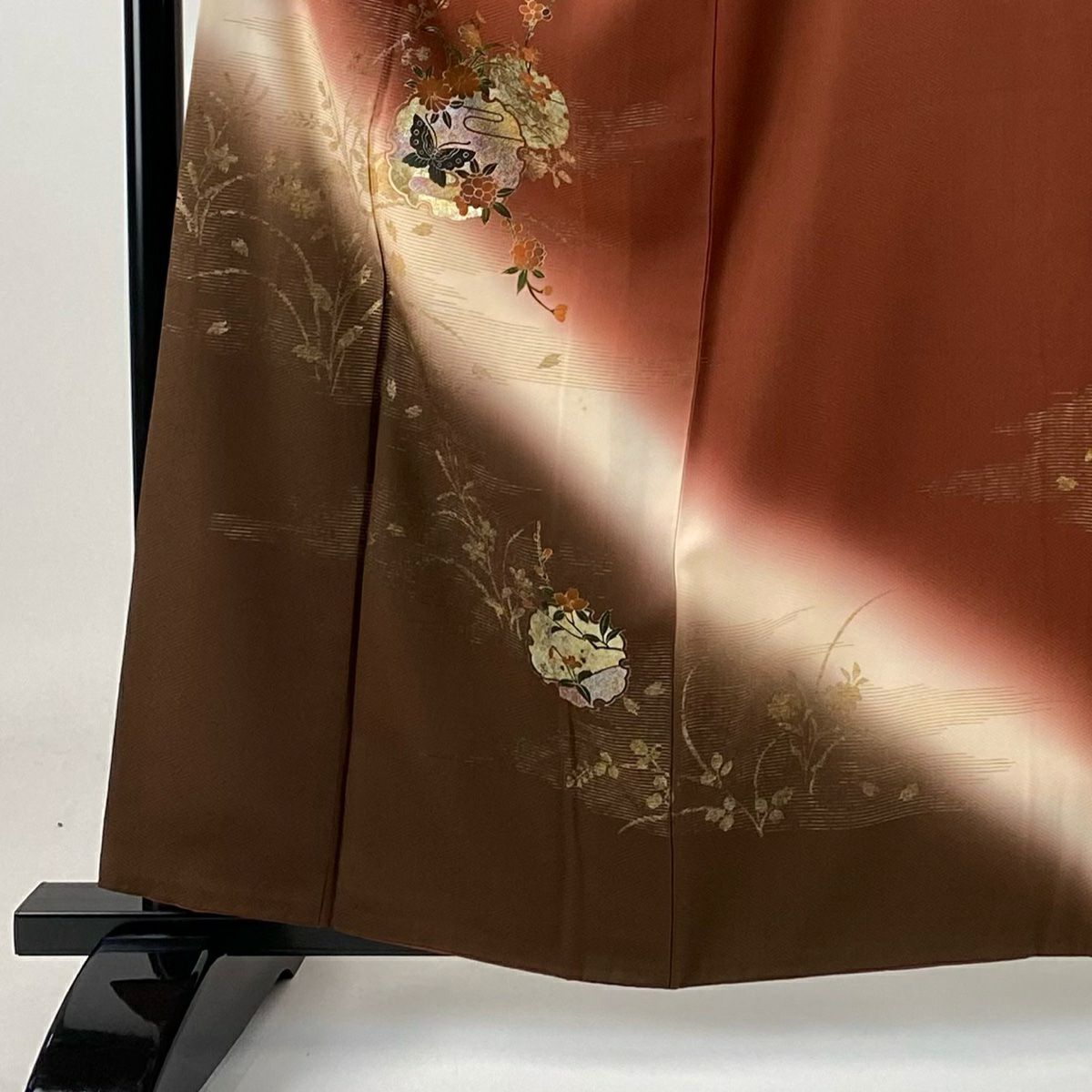 【庫存清倉】 付下 身長158.5cm 袖長67cm M 雙層 雪輪 蝴蝶 金銀彩 染分 紅茶 純蠶絲 優品級