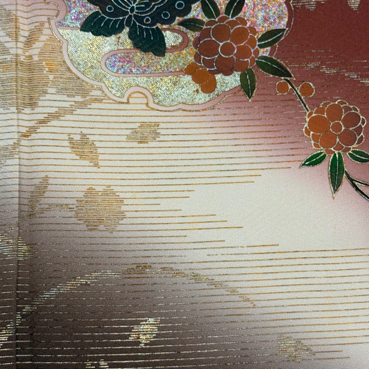 【庫存清倉】 付下 身長158.5cm 袖長67cm M 雙層 雪輪 蝴蝶 金銀彩 染分 紅茶 純蠶絲 優品級