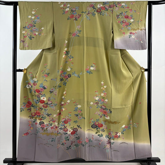 【庫存清倉】訪問服 身長157cm 袖長63cm S 雙層 附款式 菊花 梅花 金銀彩 染分 山吹茶 純蠶絲 名品級