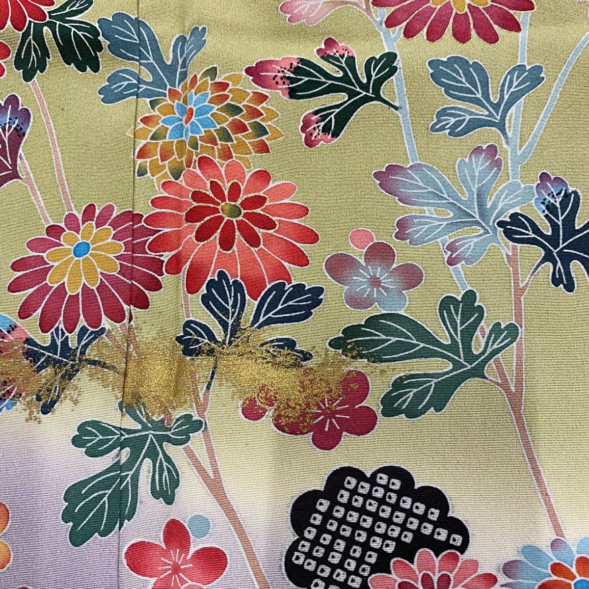 【庫存清倉】訪問服 身長157cm 袖長63cm S 雙層 附款式 菊花 梅花 金銀彩 染分 山吹茶 純蠶絲 名品級
