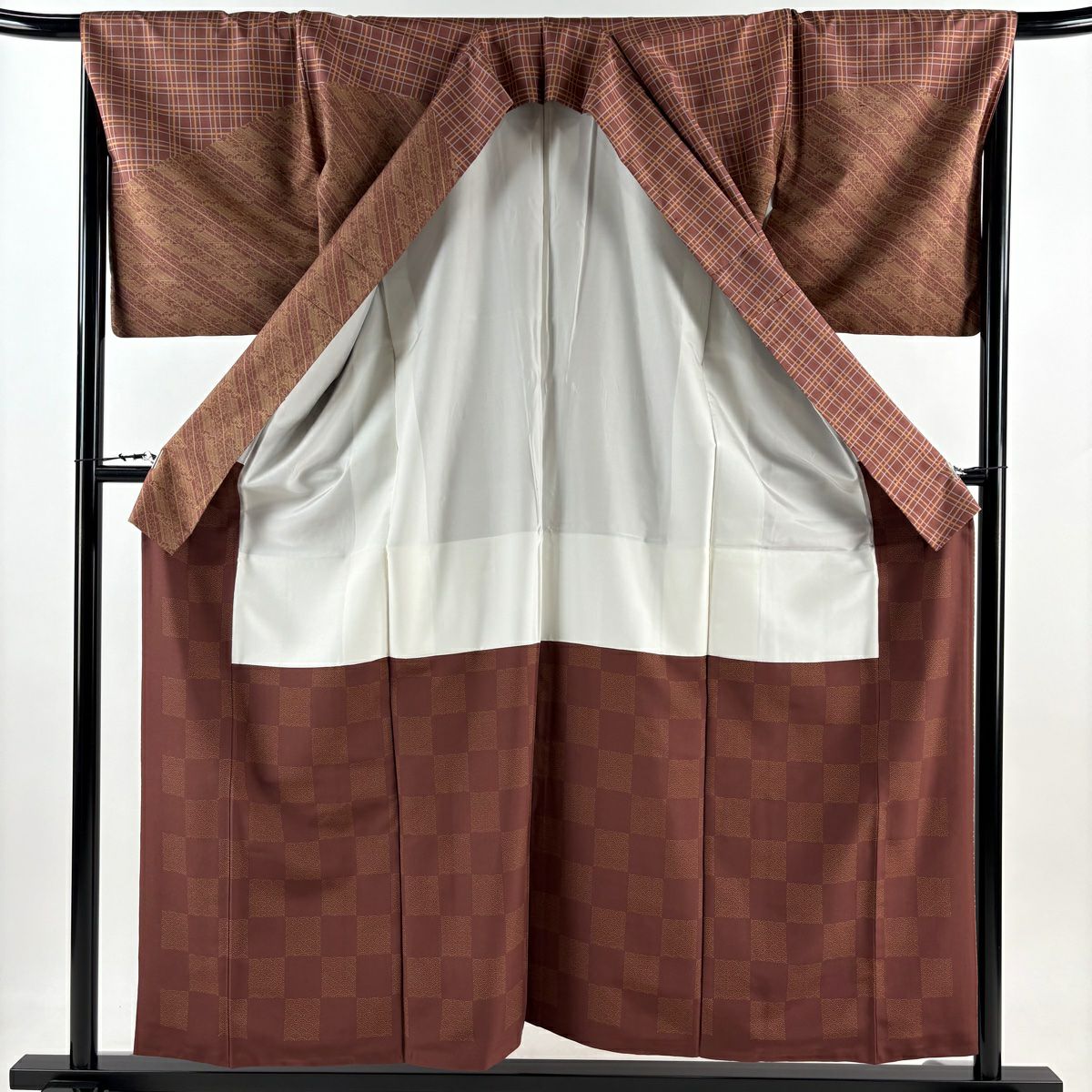 【庫存清倉】訪問服 身長157cm 袖長68.5cm L 雙層 紬織織 有落款 格子 建物 小豆色 純蠶絲 名品級