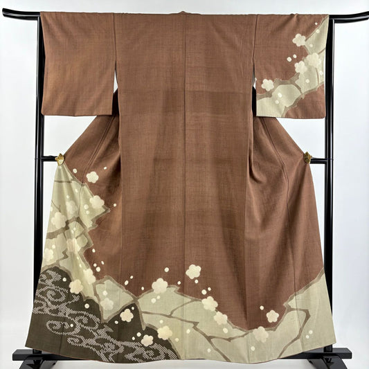 【庫存清倉】訪問服 身長159.5cm 袖長63.5cm S 雙層 紬織織 枝梅花 流水 絞染 茶 純蠶絲 名品級